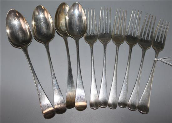 Six George III Old English pattern silver table forks and four similar spoons, 21 oz.